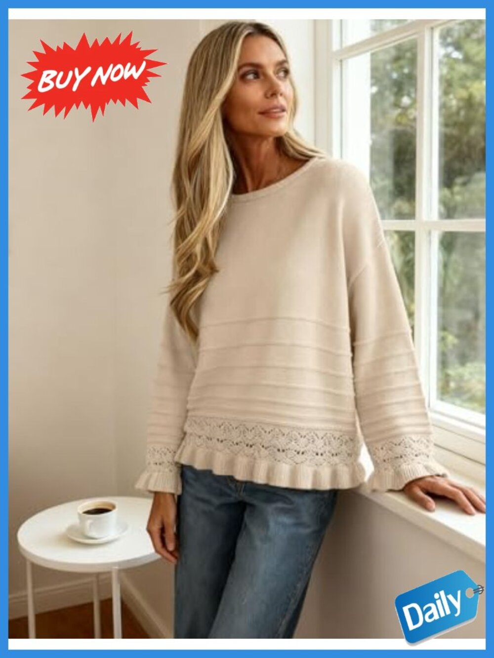 Womens Pullover Sweater Crew Neck Ruffled Hem Knit Long Sleeve Casual Top - Picture 2 of 6
